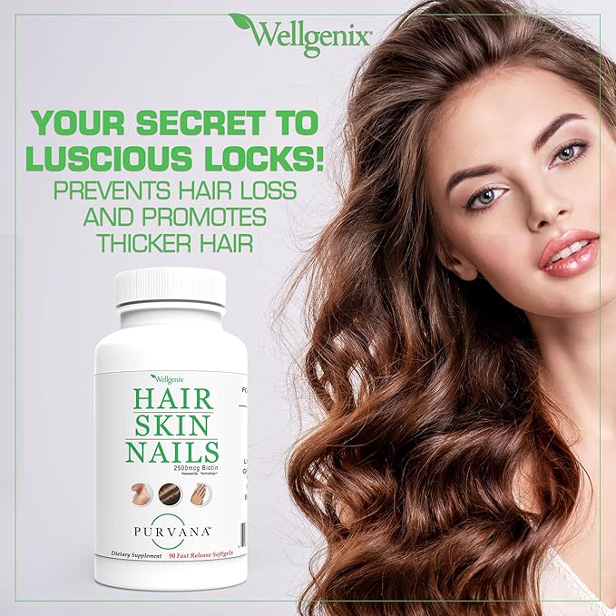 Wellgenix Purvana Hair, Skin, and Nails Vitamin Softgels for High Absorption - Double Strength 2500mcg Biotin, VIT A & B (90 Count) 2 Pack