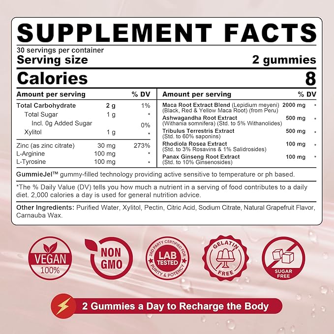 2 Pack Sugar Free Maca Root Gummies 2000mg with Ashwagandha, Tribulus Terrestris, Rhodiola, Panax Ginseng, L Arginine & L Tyrosine - Organic Black Red Yellow Maca Root for Women Men Energy Support