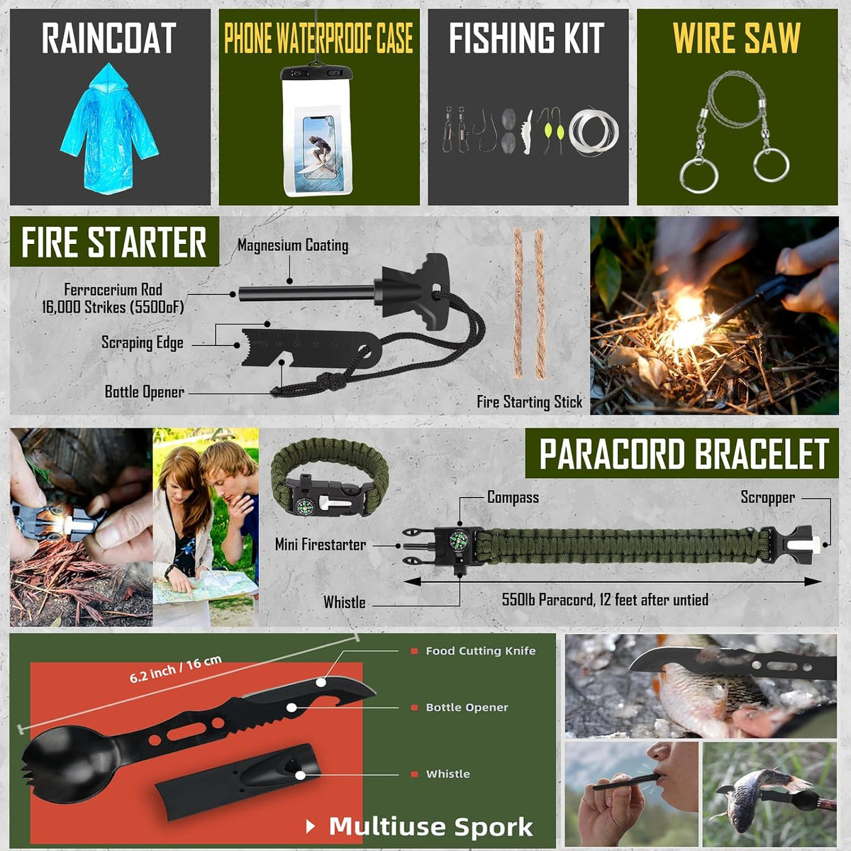 Survival Kit, 268 Pcs Emergency Survival Gear and Equipment Supplies with First Aid Kit, Camping Axe, Headlamp, Crossbody Bag for Camping Hiking, Hunting, Gift for Christmas Men, Dads,