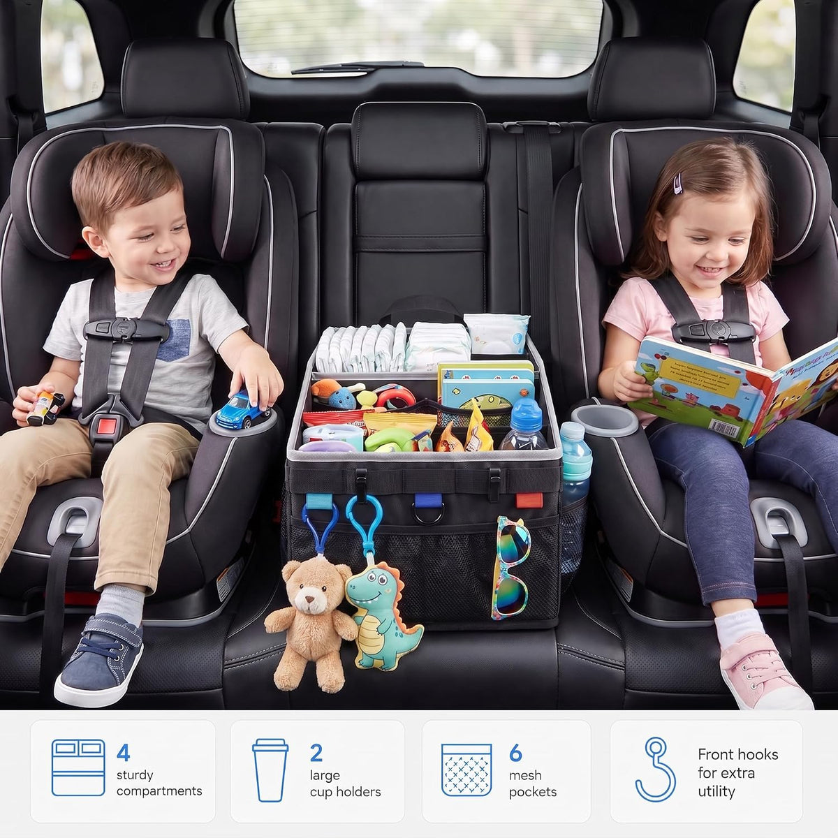 Car Seat Organizer Front/Back with Tactical Hooks & Cup Holders
