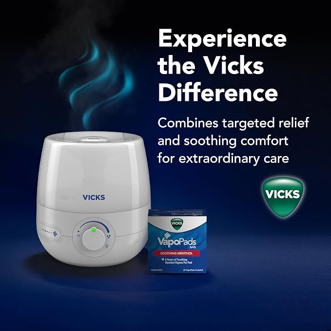 Vicks NaturalCare Cool Mist Ultrasonic Humidifier, Small Room Humidifier for Bedroom, Diffuser with Nighttime Light, Works with Vicks VapoPads, White