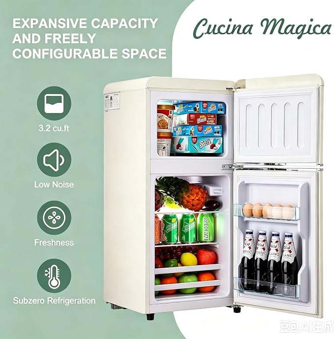 Mini Fridge with Freezer, 3.2 Cu.Ft Retro Double Door Refrigerator with 7 Level Thermostat, Adjustable Removable Glass Shelves for Bedroom Office Apartment Dorm Bar (CREAM, 3.2 Cu.Ft.)