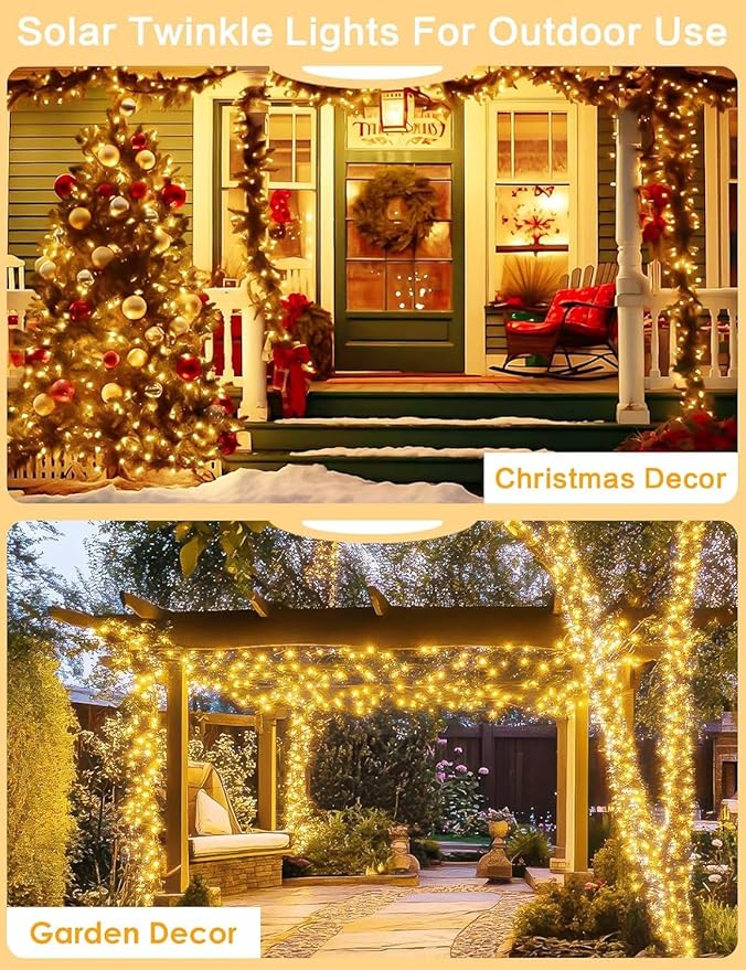 Solar String Lights Outdoor, 2 Pack 144FT 400 LED Solar Twinkle Lights for Outside Waterproof, Copper Wire with 8 Lighting Modes Fairy Lights for Garden Tree Birthday Xmas Patio Decor(Warm White)