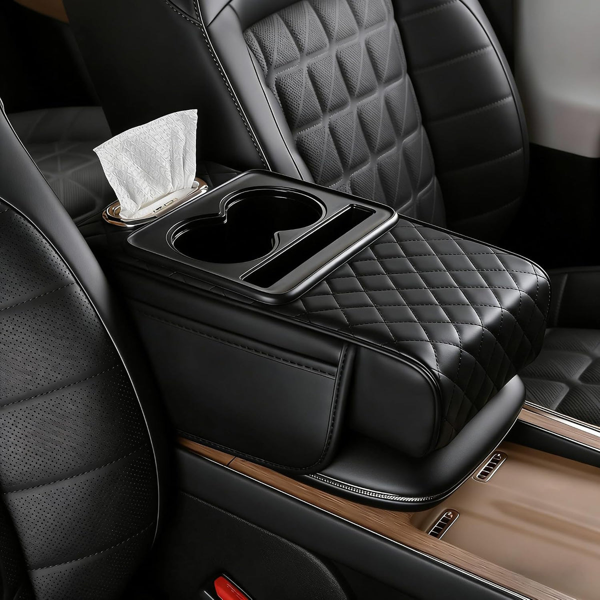 5-in-1 Nappa Leather Console Armrest Cover with Cup Holder