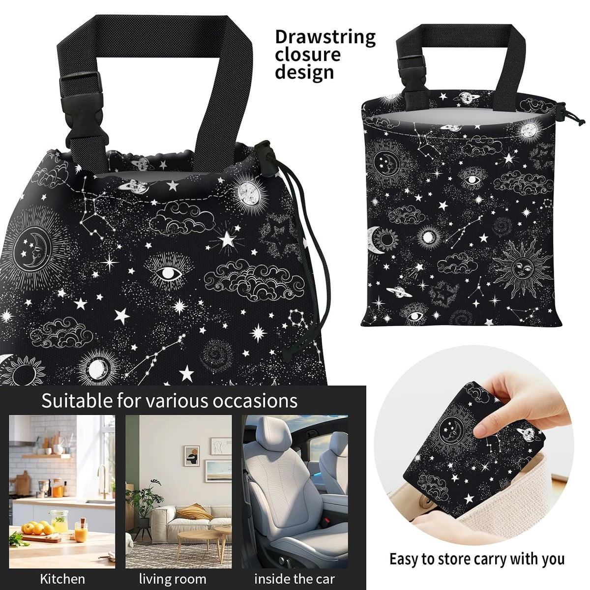 Car Trash Bag Large Hanging Can for Back of Seat, Cute Waterproof Car Garbage Bag for Vehicle, Travelling, Outdoor Cute Black White Universe
