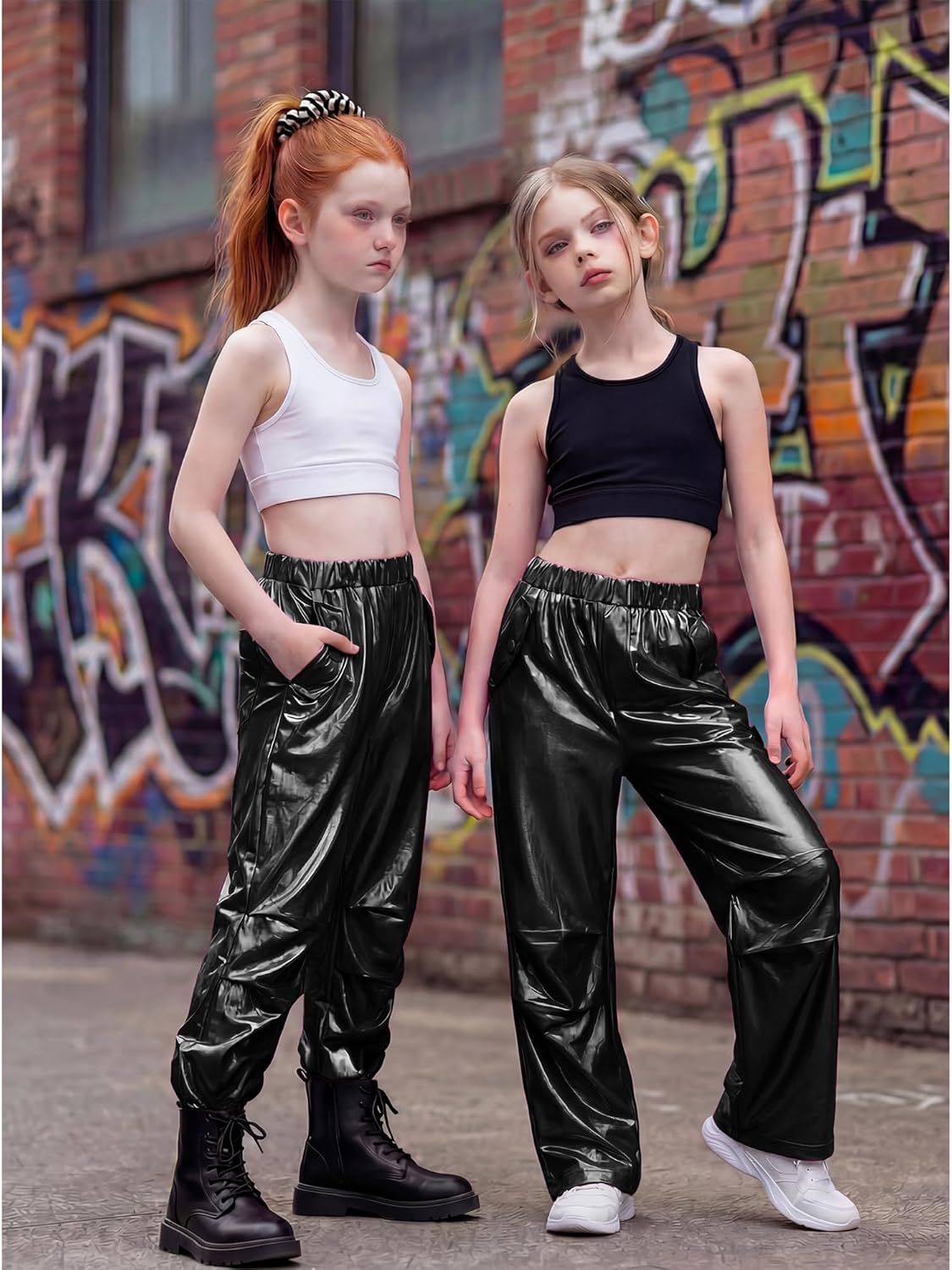 Stelle Girls Metallic Cargo Pants - Shiny Hip Hop Dance Joggers | Sparkly Stretchy Wide Leg for Kids 4-15 Years