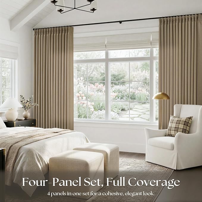 Extra Long 112 Inch Pinch Pleated Living Room Curtains 4 Panels Set, Light