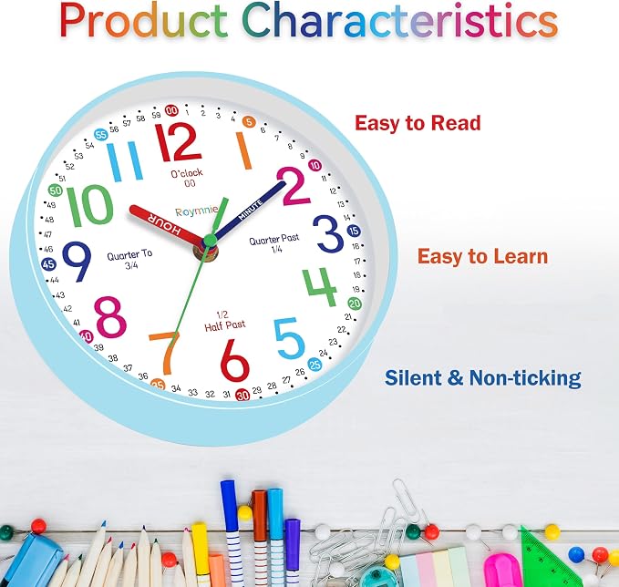 Roymnie Wall Clock 8 Inch for Kids Learning to Tell Time Easily Non Ticking