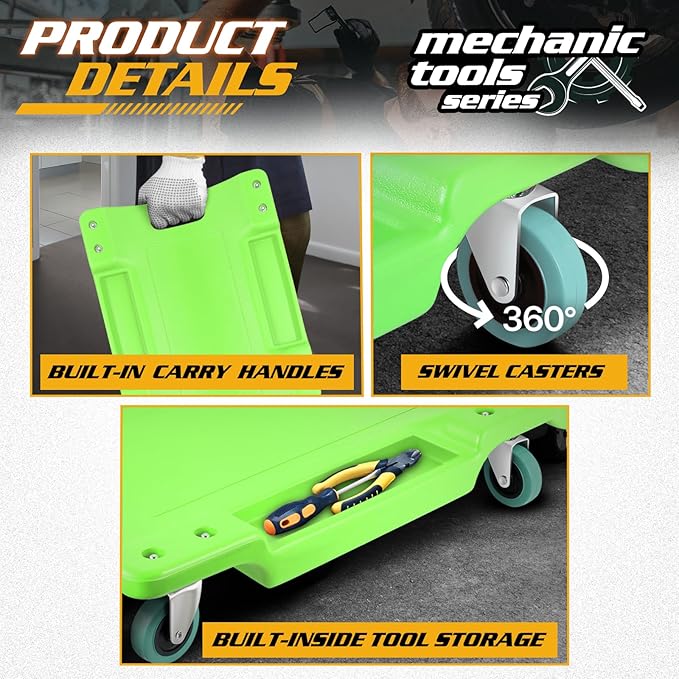 Magshion Automotive Creeper Under Car Roller, 40 Inch Low Profile Creepers with Padded Headrest and Tool Tray, 330 lbs Capacity Portable Floor Creeper for Home Garage Automotive Shop (Green)