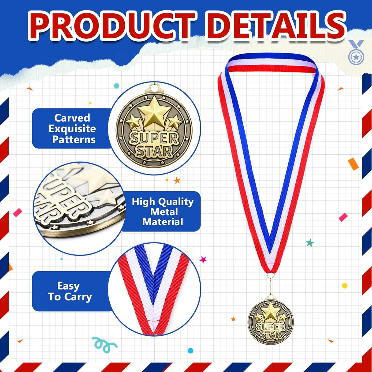 Quelay 30 Pcs Gold Medals - 2'' Metal Trophy Awards with Neck Ribbons for Kids & Adults
