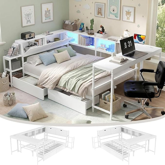 Full Corner Bed Frame with Desk, LED Lights & Charging Ports, L-Shaped Daybed with Storage Drawers, Bookcase & Open Shelves, Modern Full Size Daybed for Kids, Teens & Compact Bedrooms,White