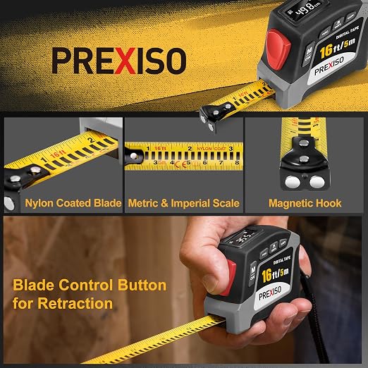 PREXISO 2-in-1 Digital Tape Measure - 16Ft Rechargeable Digital Measuring Tape