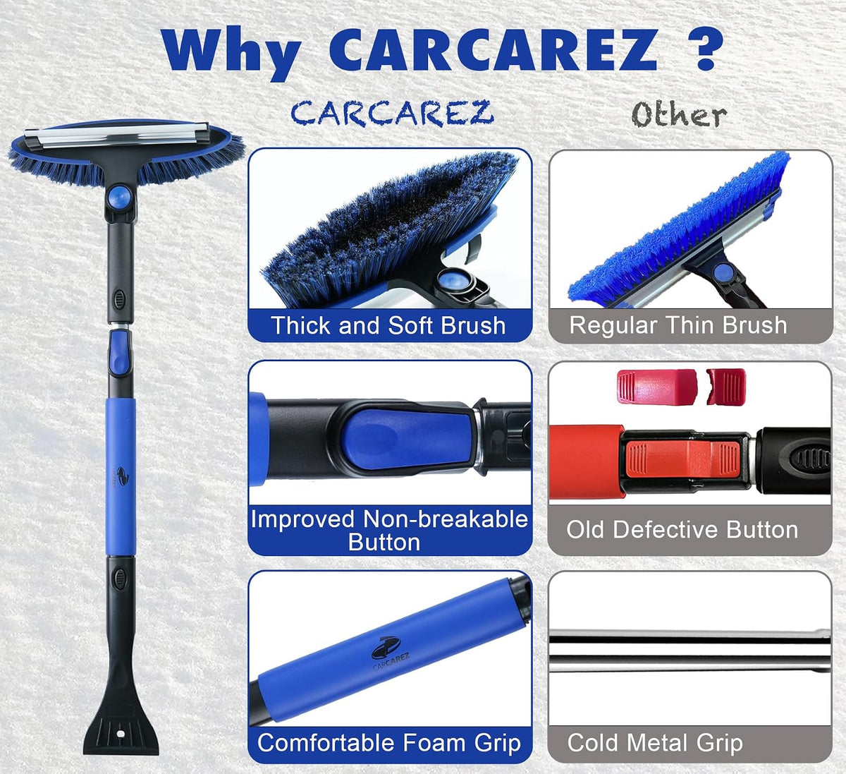 CARCAREZ 39" Extendable Car Snow Brush and Ice Scraper, Windshield Window Ice Snow Removal Snow Broom with Foam Grip 180° Pivoting Brush Head Snow Scraper for Car Auto Truck SUV