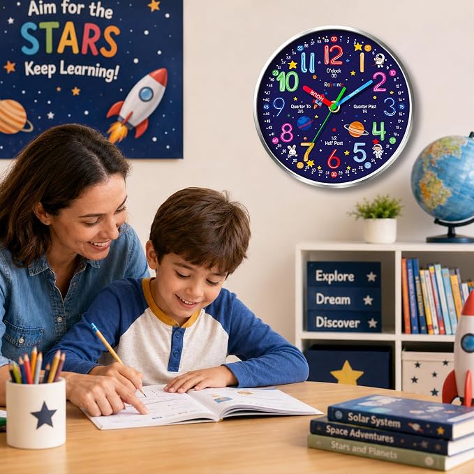 Roymnie Wall Clock Learning to Tell Time Easily Non Ticking Battery Operated