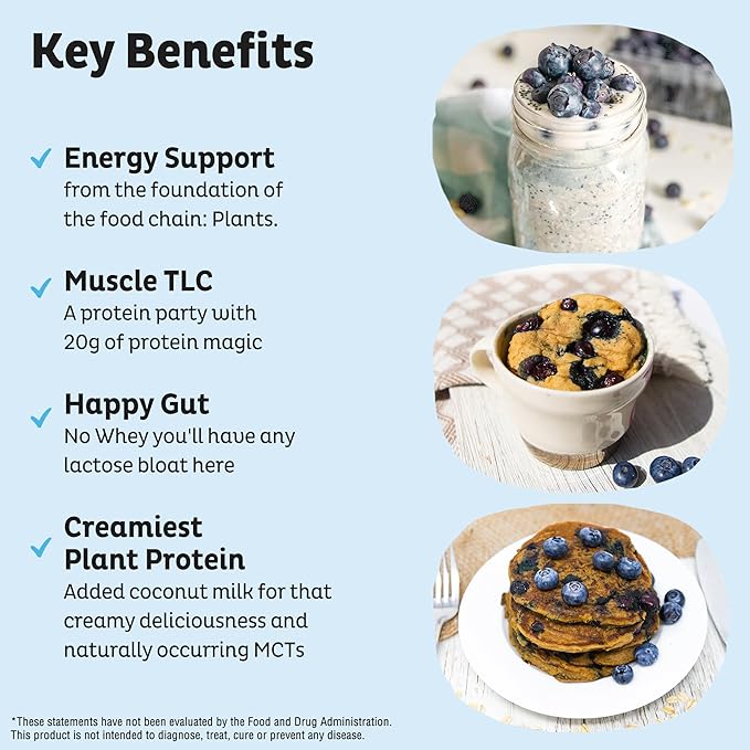 KOS Plant Based Protein Powder, Blueberry Muffin - Organic Pea Protein Superfood with Spirulina and Immune Support Blend. Soy, Gluten, Dairy Free - Vegan Meal Replacement for Women & Men - 10 Servings