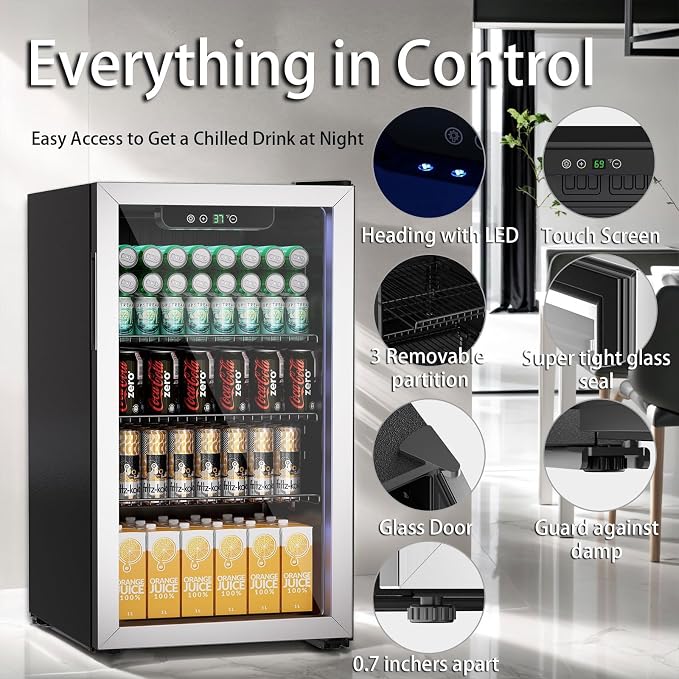 Erivess Mini Fridge 105Can Beverage Refrigerator Cooler Glass Door for Soda | 3.0 Cu Ft Drink Fridge for Home/Bar/Office with LED Display, Digital Temperature Control, Removable Shelves for Wine, Silver