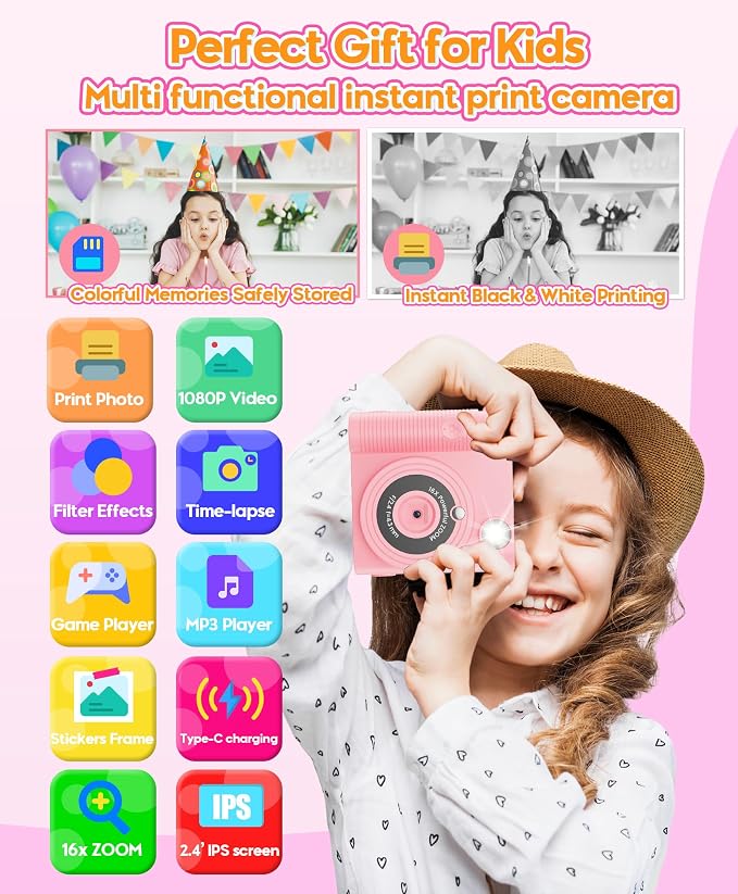 Kids Instant Print Camera Ages 3-12 1080P Selfie 2.4" Screen 32GB Gift Pink |