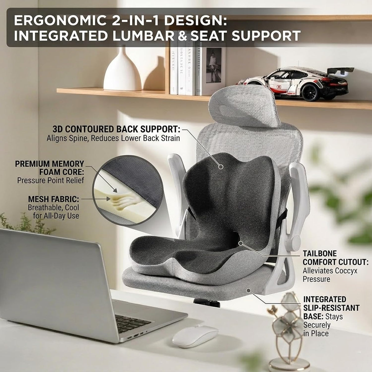StarAneer Ultimate L-Shaped Truck Driver Seat Cushion - Ergonomic Memory Foam Back & Tailbone Support - Breathable Cool-Mesh Pressure Relief Pad for Office Chairs, Semi-Trucks, & Long-Haul Driving