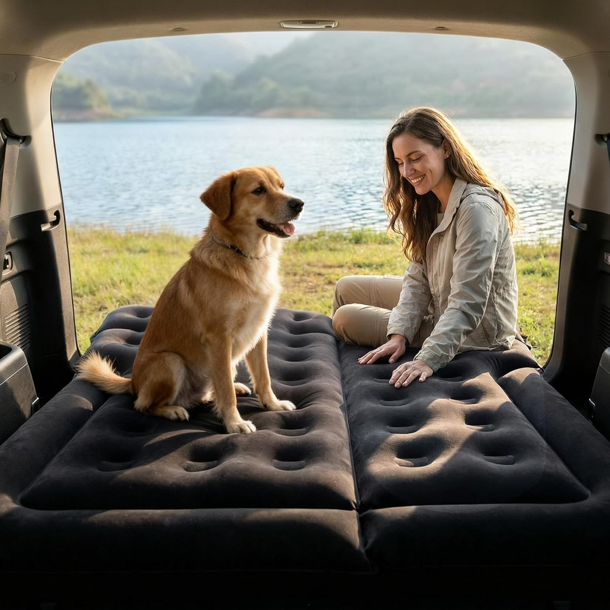 Car Air Mattress - Inflatable Bed SUV Mattress for Cars RV Truck Backseat Trunk, Portable Camping Bed Flocked Airbed Sleeping Mat for Vehicle Travel Road Trip Indoor&Outdoor Activities (Black)