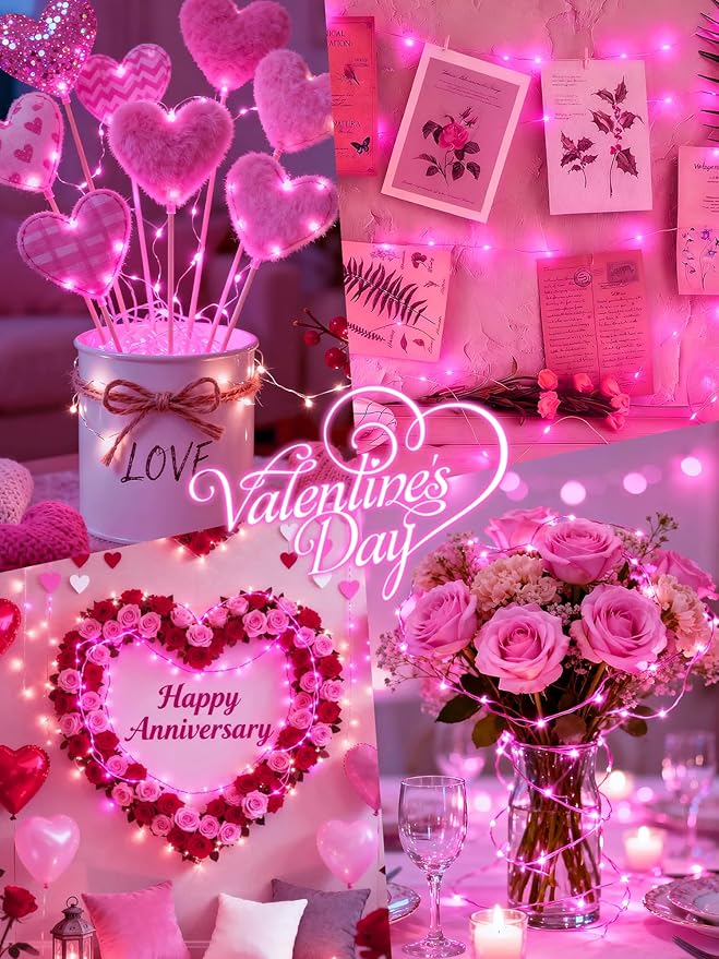 btfarm 4 Pack Valentine's Day Pink Fairy Lights Battery Operated with Timer, 16.4 FT 50 LED Silver Wire Twinkle String Lights 8 Modes Dimmable Waterproof for Indoor Bedroom Wedding Decorations, Pink