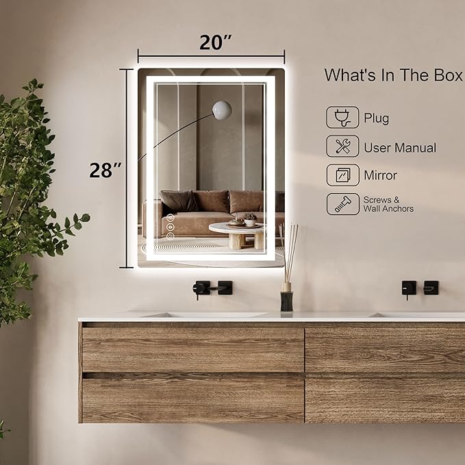 20"x 28" LED Bathroom Mirror with Front and Backlight, Bathroom Vanity Mirror with 3 Color Adjustable, Stepless Dimmable Light, Anti-Fog, Memory Function, Vanity Mirror for Wall(Horizontal/Vertical).