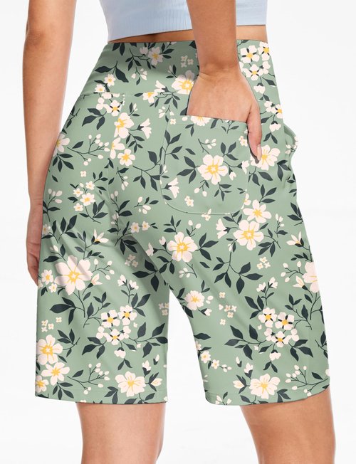 Blouty Women's 9" Bermuda Long Shorts Knee Length with Pockets High Waisted Shorts for Women Lounge Walking Athletic (Daisy, Large)