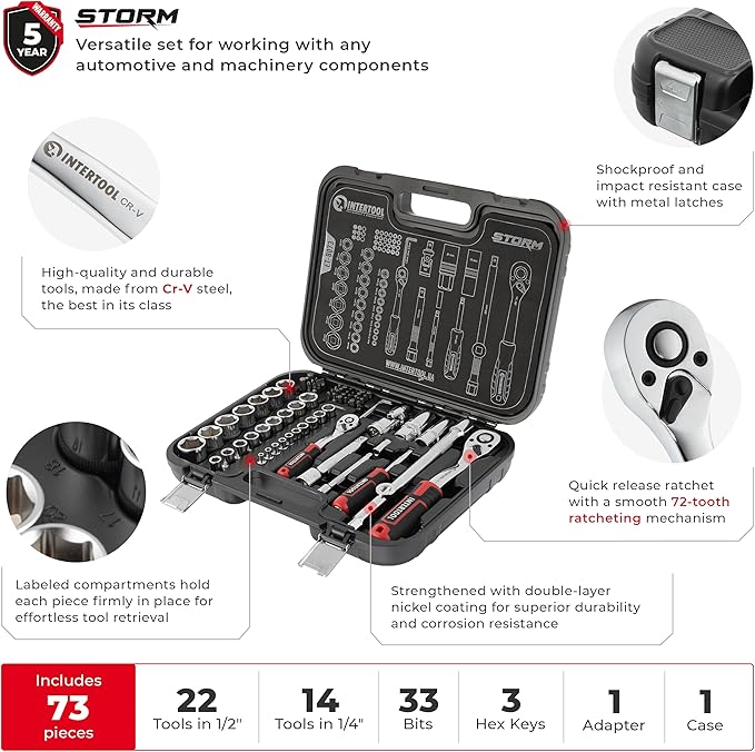 INTERTOOL Metric Socket Set 1/4” & 1/2” Drive 73-Piece 10-27 mm - for Auto Mechanics & DIY - Quick Release Ratchets, Bits, Adapters, Hard Case - Tool Gift - ET08-8073
