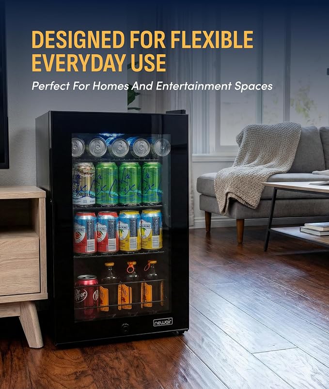 NewAir 90 Can Beverage Refrigerator | Freestanding Small Mini Fridge for Bedroom, Home Bar or Office | Adjustable Shelves, Quiet Cooling & Locking Door | Black