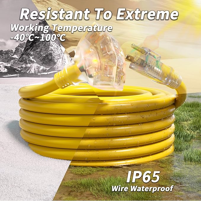PlugSaf 50 FT 12/3 Gauge Outdoor Extension Cord with Multiple Outlets Light Indicator, Flexible 3 Outlet Weatherproof Heavy Duty Extension Cord Waterproof Yellow, 15A 1875W 12AWG SJTW, ETL Listed
