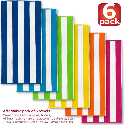 Cabana Stripe Beach & Pool Towels - Soft, Absorbent Eco-Friendly Terry & Velour | 30in x 60in (6 Pack)