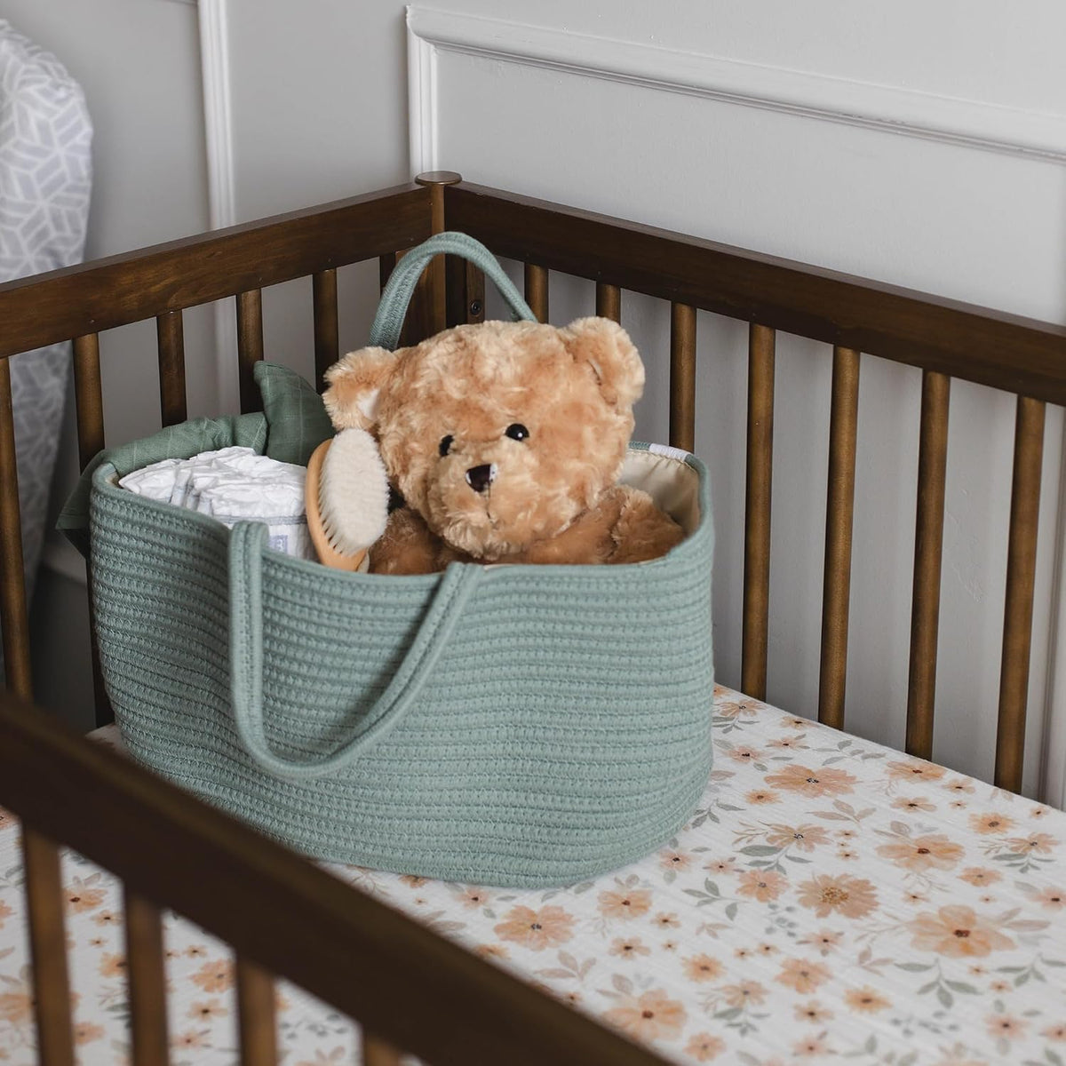 Natemia Rope Diaper Caddy Organizer – Nursery Storage Basket with 3 Compartments for Breast Pump Storage, Diapers, Wipes & Toys – Portable Tote and Gift Bag for Registry and Newborn Essentials