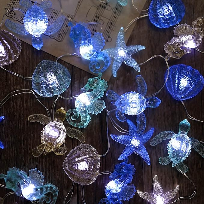 Ocean Themed Decorative Lights String of Marine Life Fairy String Lights Coastal Decor 10ft 30 LEDs Battery Operated with Remote Control for Beach Bedroom Decoration