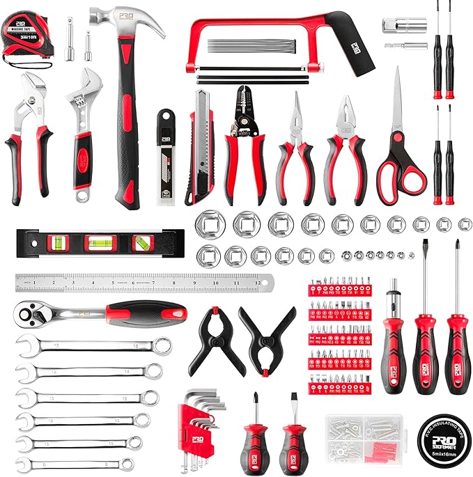 Prostormer 259-Piece Tool Kit, General Household Hand Tool Set with Plastic Storage Toolbox, Portable Complete Repair Tool Box for Home and Car (Red)