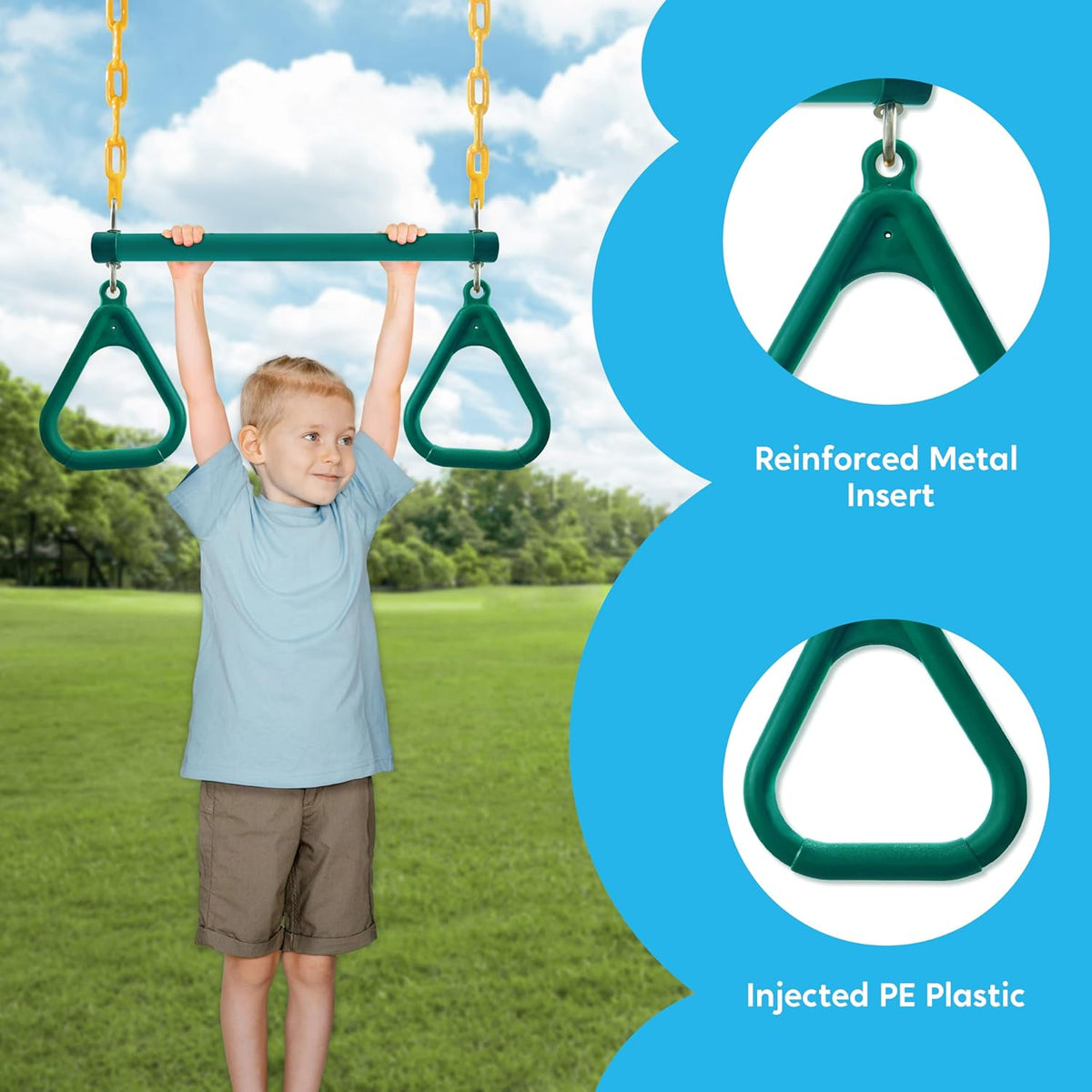 TURFEE Swing Set Accessories - 3 Pack with Gym Rings, Trapeze Bar & 2 Swings - Green for Kids Outdoor Play