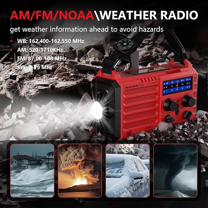 Emergency Solar Hand Crank Radio, AM/FM/SW NOAA Weather Alert Radio, Flashlight