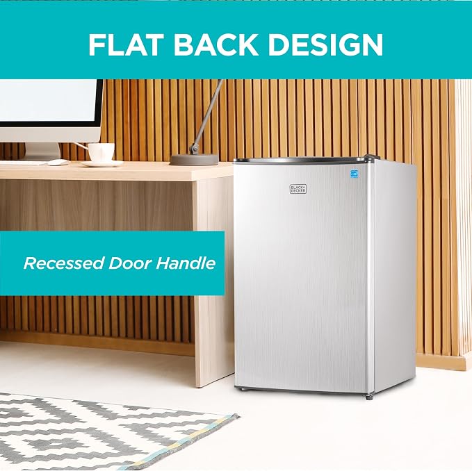 BLACK+DECKER 4.3 Cu. Ft. Compact Refrigerator, BCRK43V, Stainless Look | Energy Star Certified Small Refrigerator, Single Door Mini Fridge with Chiller Compartment, Personal Fridge for Home or Dorm
