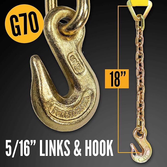 US Cargo Control Chain Ratchet Straps 2 Inch x 27 Foot (4 Pack), 10,000 LBS Break Strength, Heavy Duty Ratchet Straps with Chains Ends & Grab Hooks, Heavy Equipment Tie-Downs, Tractor Tie Downs