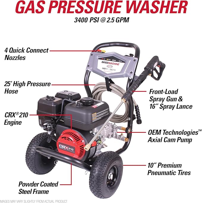 Simpson 3400 PSI Gas Pressure Washer, 2.5 GPM Residential Power Washer, Cold Water, 25' Hose, Clean Machine, 49-State Compliant (CM61083)