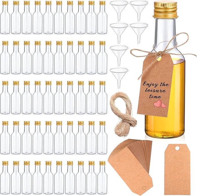 Yinder 100 Pcs Mini Liquor Bottles Set,50ml (1.7oz) Plastic Empty Spirit Bottles for Party,Alcohol Shot Containers with Caps, 6 Liquid Funnels and Kraft Tags with 65 ft Ropes(Gold Cap)