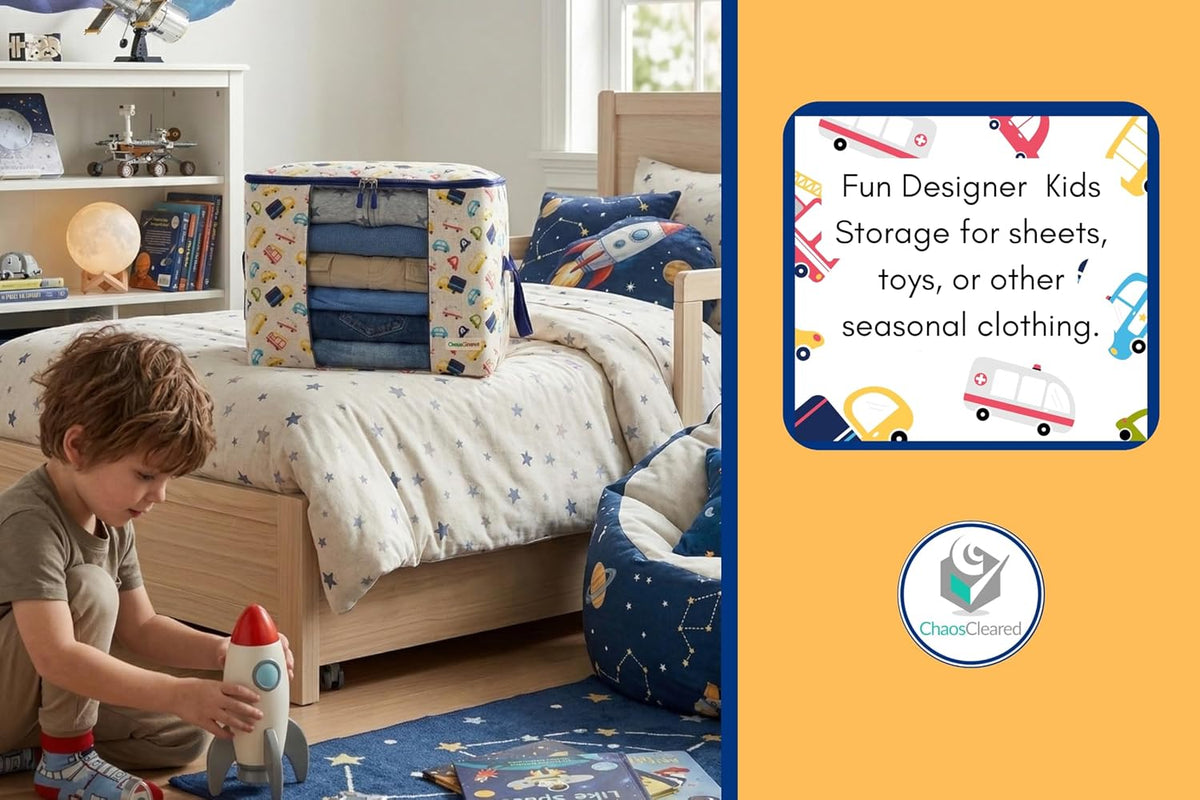 Chaos Cleared Kids Storage Bags – 100% Cotton Canvas Toy & Clothes Organizer with Cute Design – Storage Bin for Stuffed Animals, Baby Items & Clothes with Zipper & Handles (Cars Boy Print)