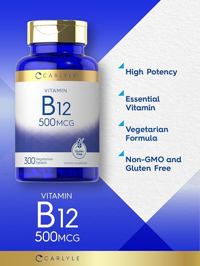 Carlyle Vitamin B-12 500mcg | 300 Tablets | Vegetarian, Non-GMO, Gluten Free Supplement