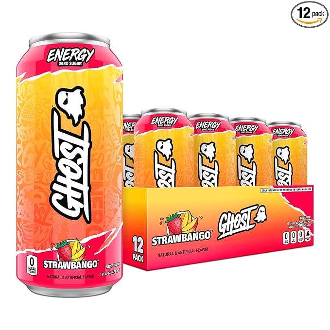 GHOST Energy Drink - 12-Pack, Strawbango, 16oz - Energy & Focus & No Artificial Colors - 200mg of Natural Caffeine, L-Carnitine & Taurine - Gluten-Free & Vegan