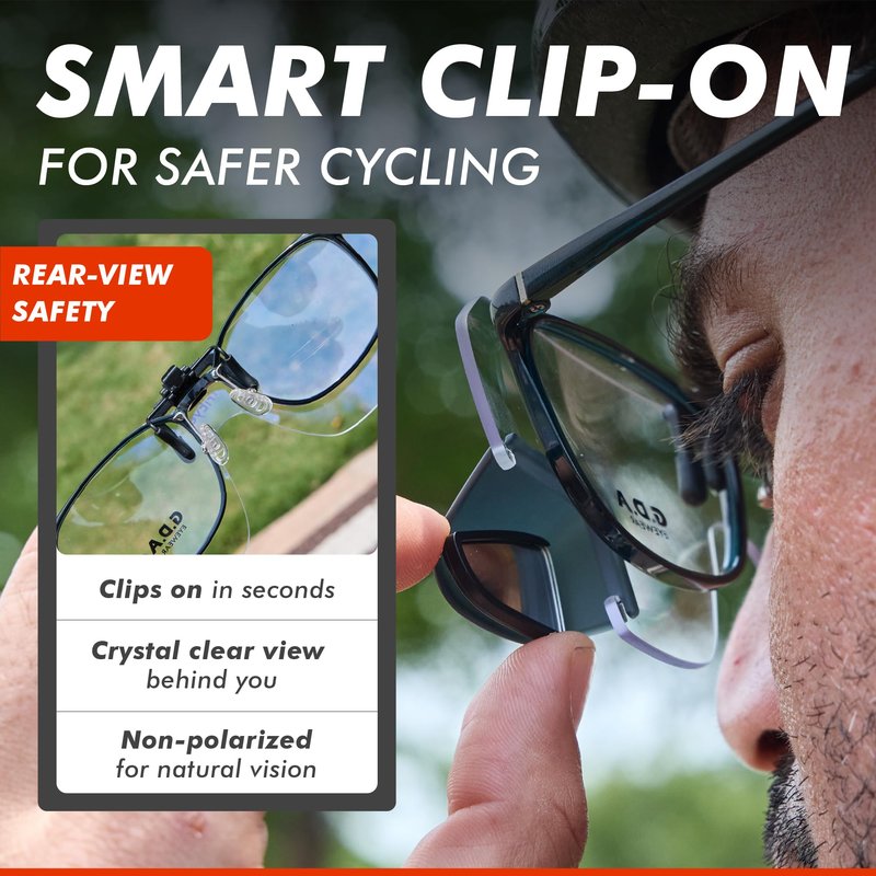 TriEye View Clip On Sunglasses with Rear View Mirror – Clip On Sunglasses Over Prescription Glasses, Flip Up Cycling Eyewear for Men & Women – Clear Lens, 145mm Fit