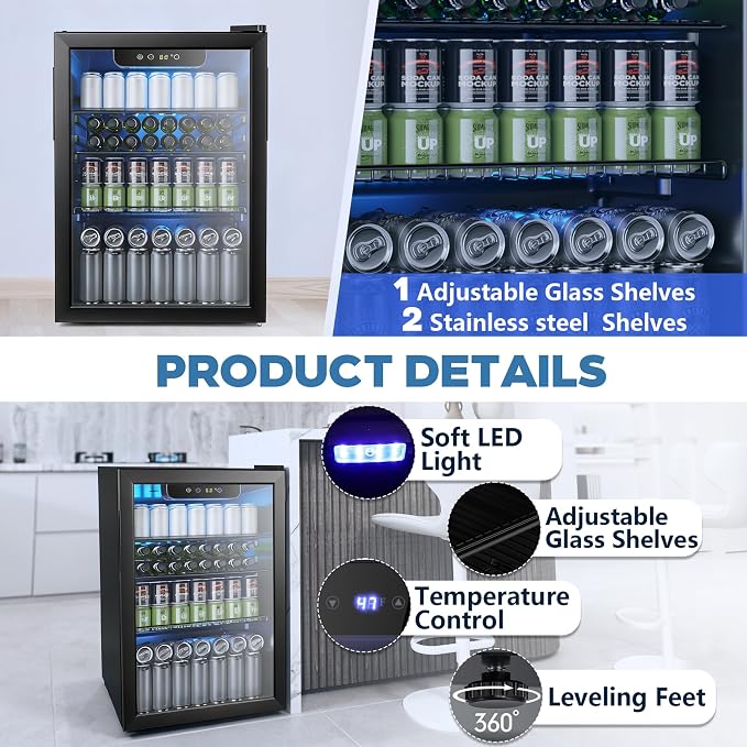 Electactic 95 Cans Beverage Refrigerator, 26 Bottle Mini Fridge, 2.7 cu.ft Drink Fridge Digital Temperature Control for Bottled Beer, Soda,Water