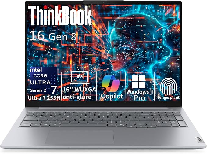 Lenovo ThinkBook 16 Gen 8 Laptop, Intel Core Ultra 7, 32GB DDR5, 1TB SSD | 16" laptop, fingerprint security, Win 11 Pro, DDR5 memory, SSD storage, ideal for business professionals