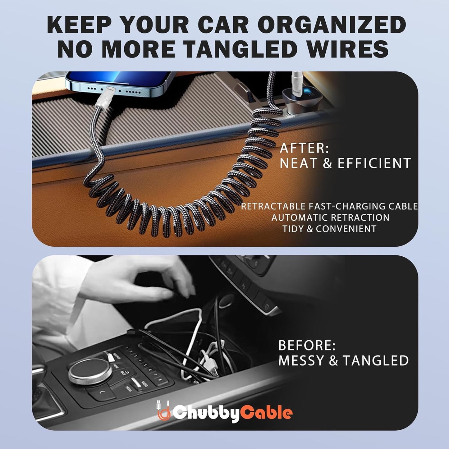 chubbycable Curly Chubby - Retractable Fast Charging Cable 240W Coiled Charger Cord for Car Durable USB-C Cable for Phones, Tablets and More, Pink, Type-C to Type-C, 1.3FT-2.3FT