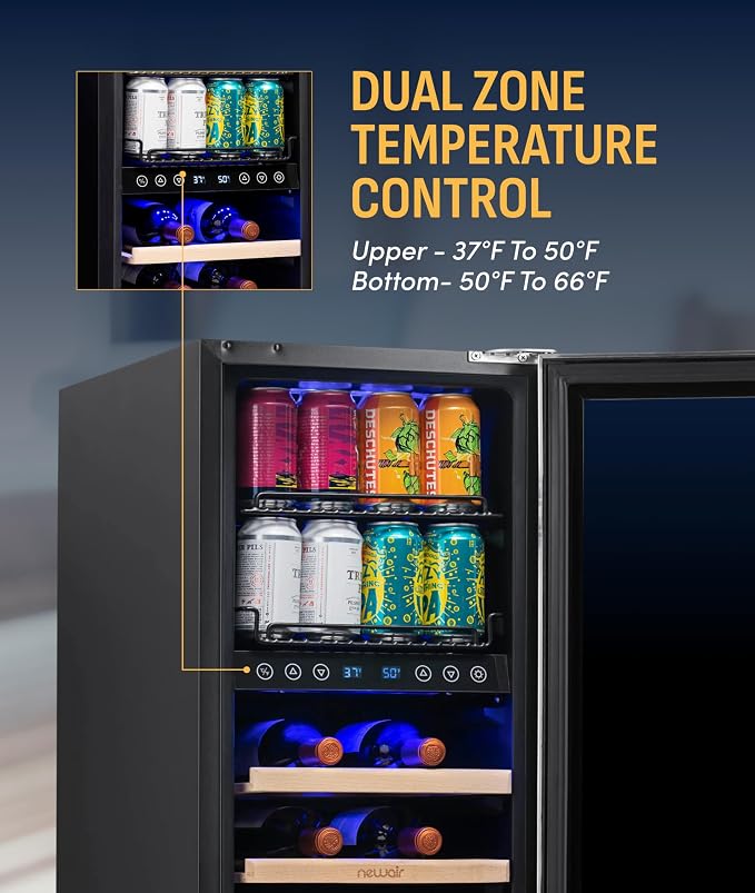 NewAir 15" Dual Zone Beverage Refrigerator & Wine Cooler for 9 Bottles & 48 Cans | Freestanding or Built-In Under Counter Mini Fridge for Beer, Wine and Soda | Stainless Steel