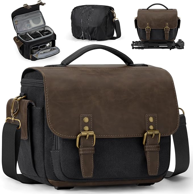 RAINSMORE Camera Bag, Vintage Canvas Camera Sling Bag Small Waterproof DSLR SLR