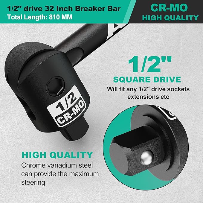 1/2" Drive 32 Inch Breaker Bar, Heavy Duty Head, Premium Chromium-Molybdenum Steel, Laser Etched Marking, for Grip and Break Loose Tight Bolts, Nuts