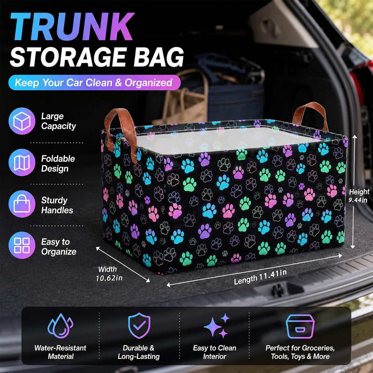 Daisy Car Trunk Organizer, 20L Collapsible Auto Storage Basket with Handles, Waterproof Reusable Shopping Grocery Bags for SUV, Truck,Daisy Cars Boot Organizer Gifts for Women Men Drivers